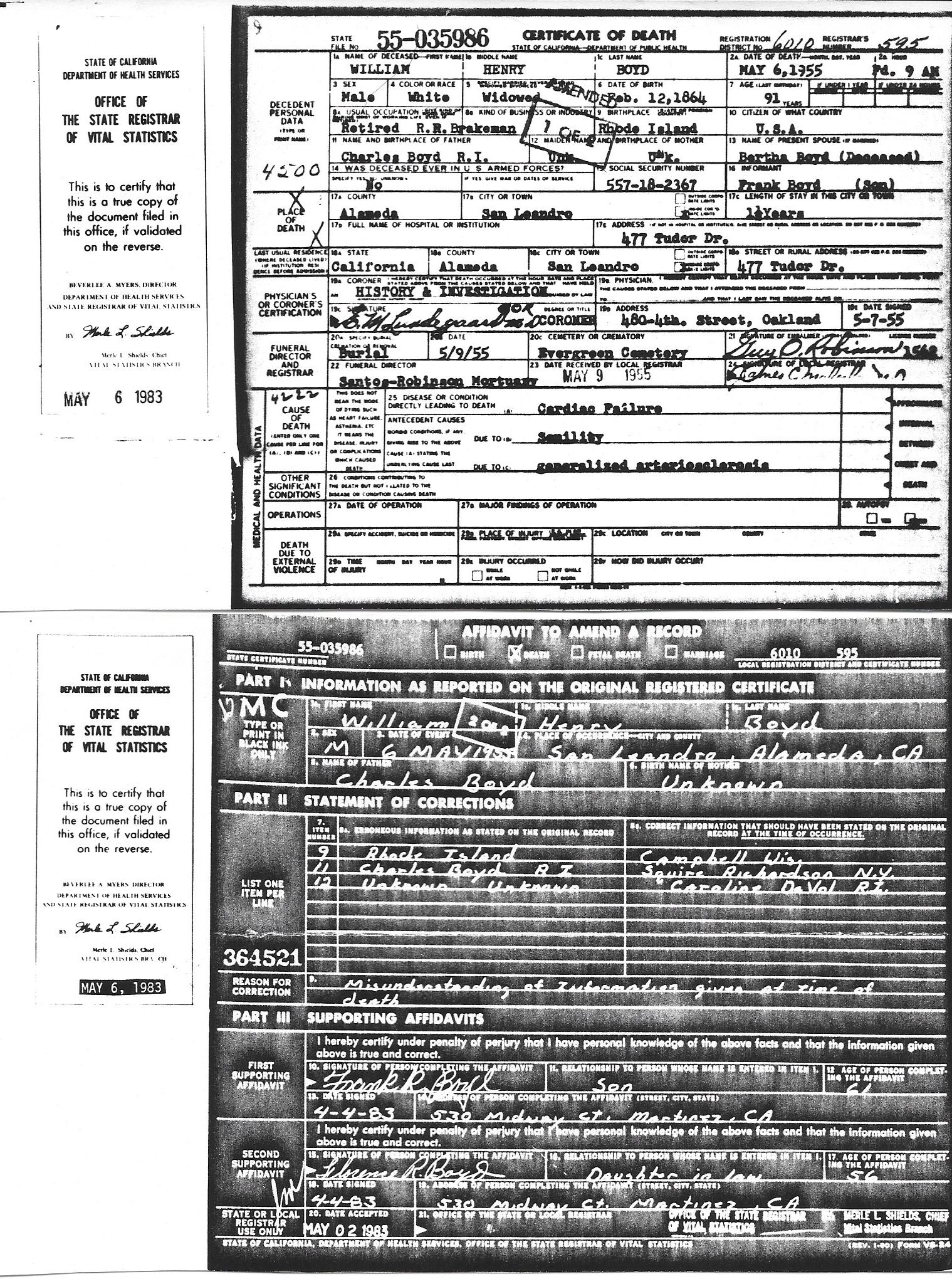 Death certificate and accompanying affidavit to amend a record for William Henry Boyd