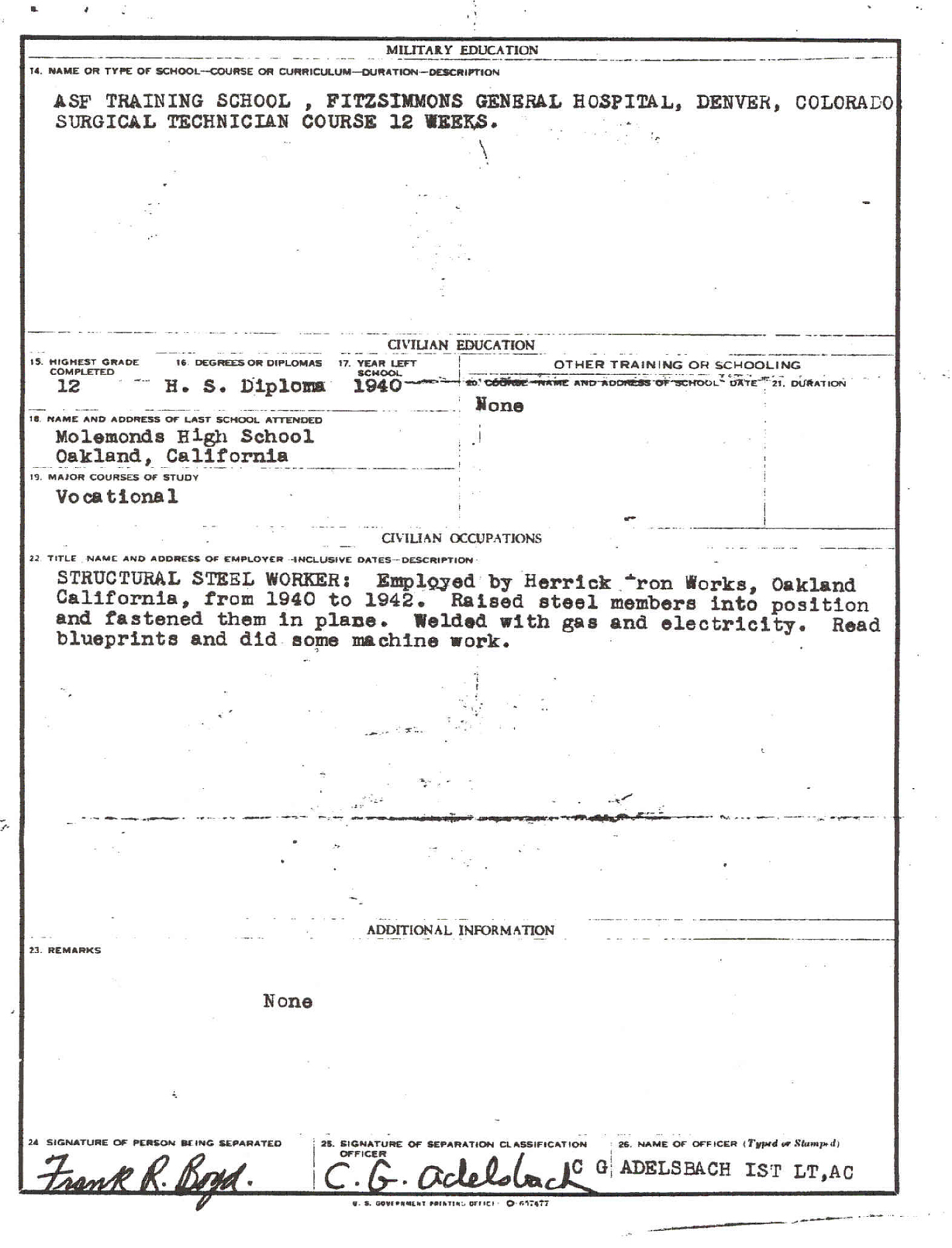 Separation qualification record, page 2, for Frank R. Boyd