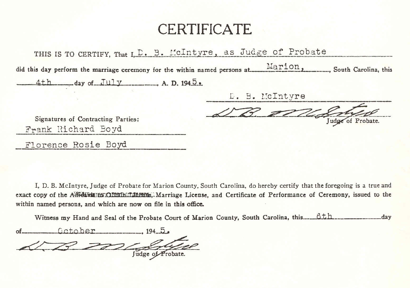 Marriage certificate of Frank Richard Boyd and Florence Rosie Mahler