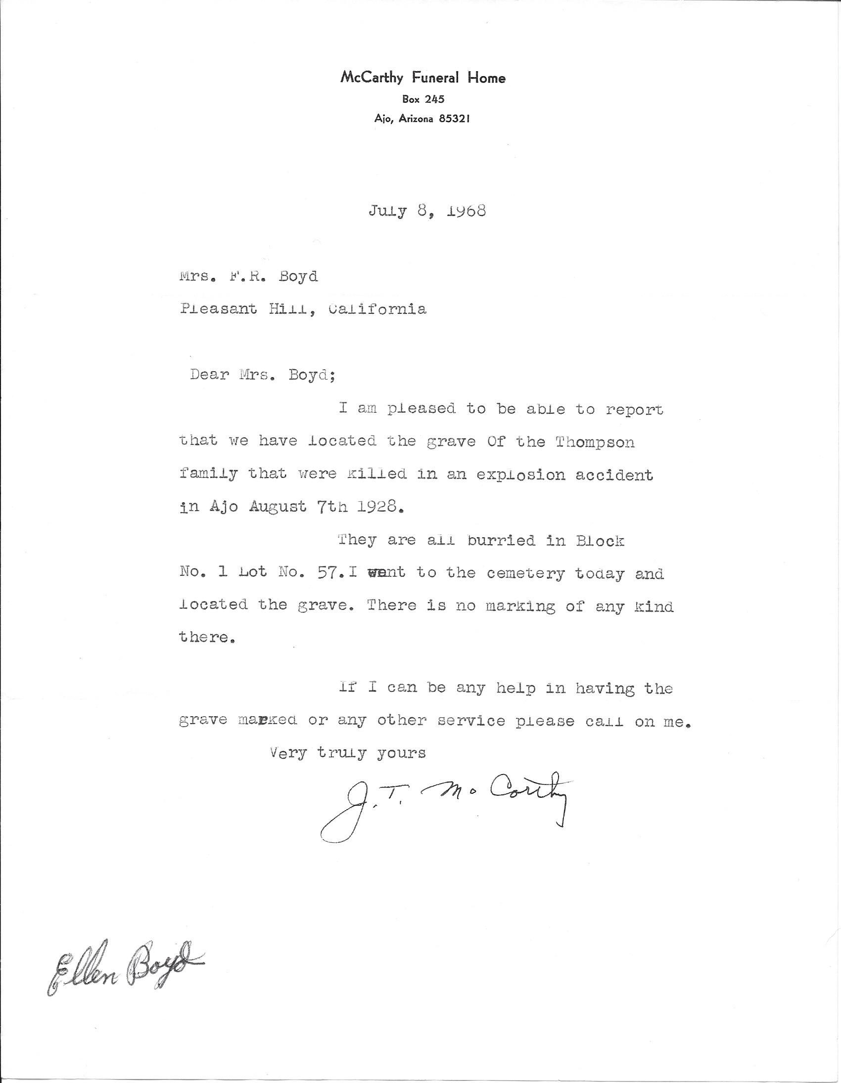 Letter about the burials of the Thompson family