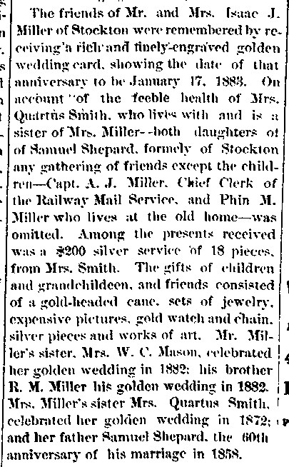 50th Anniverary of the Millers, mentioning Mrs. Quartus Smith