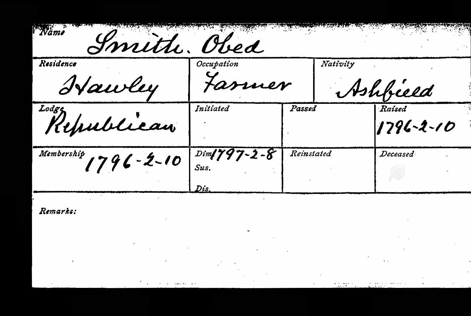 Mason membership card for Obed Smith