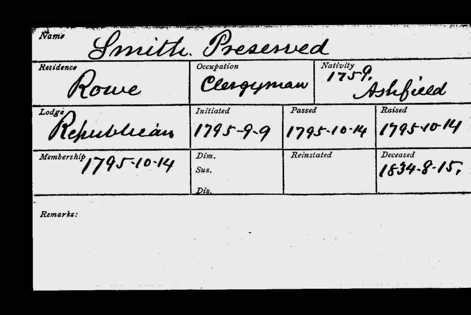 Grand Lodge of Massachusetts membership card for Preserved Smith