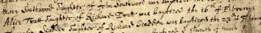 Christening record of Alice Tratt