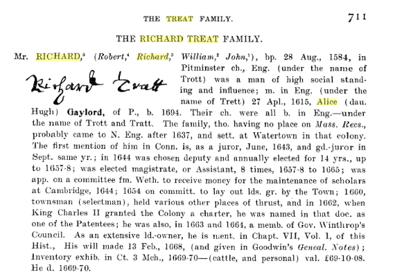 Richard Treat in Families of Ancient Wethersfield, part 1 of 2