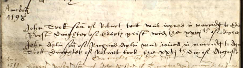 Marriage records of John Trott and Edith Prist and Robert Babb and Agnes Trott