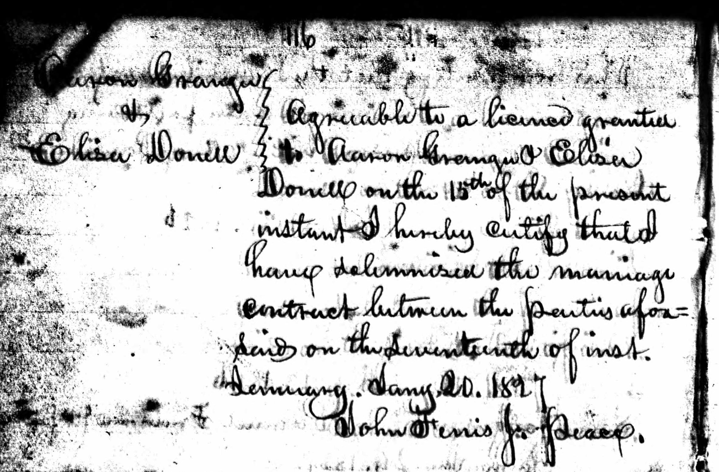 Marriage record of Aaron Granger and Eliza Donell or Dorrell