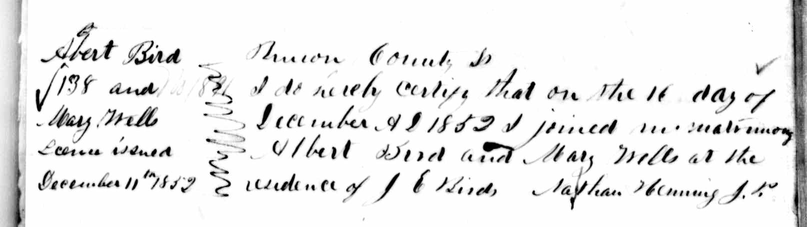 Marriage record of Albert Bird and Mary Wells