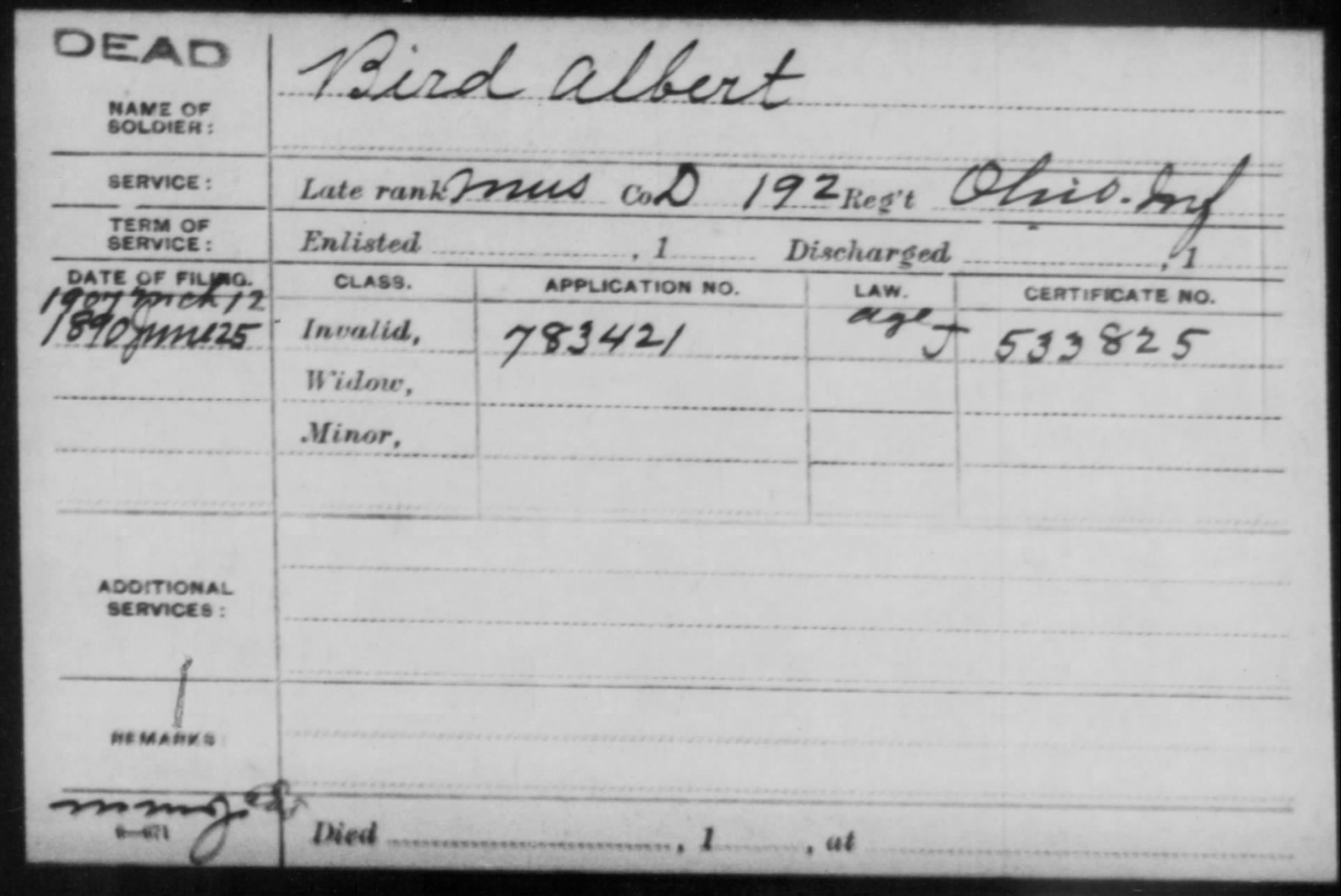 Pension File Index card for Albert Bird