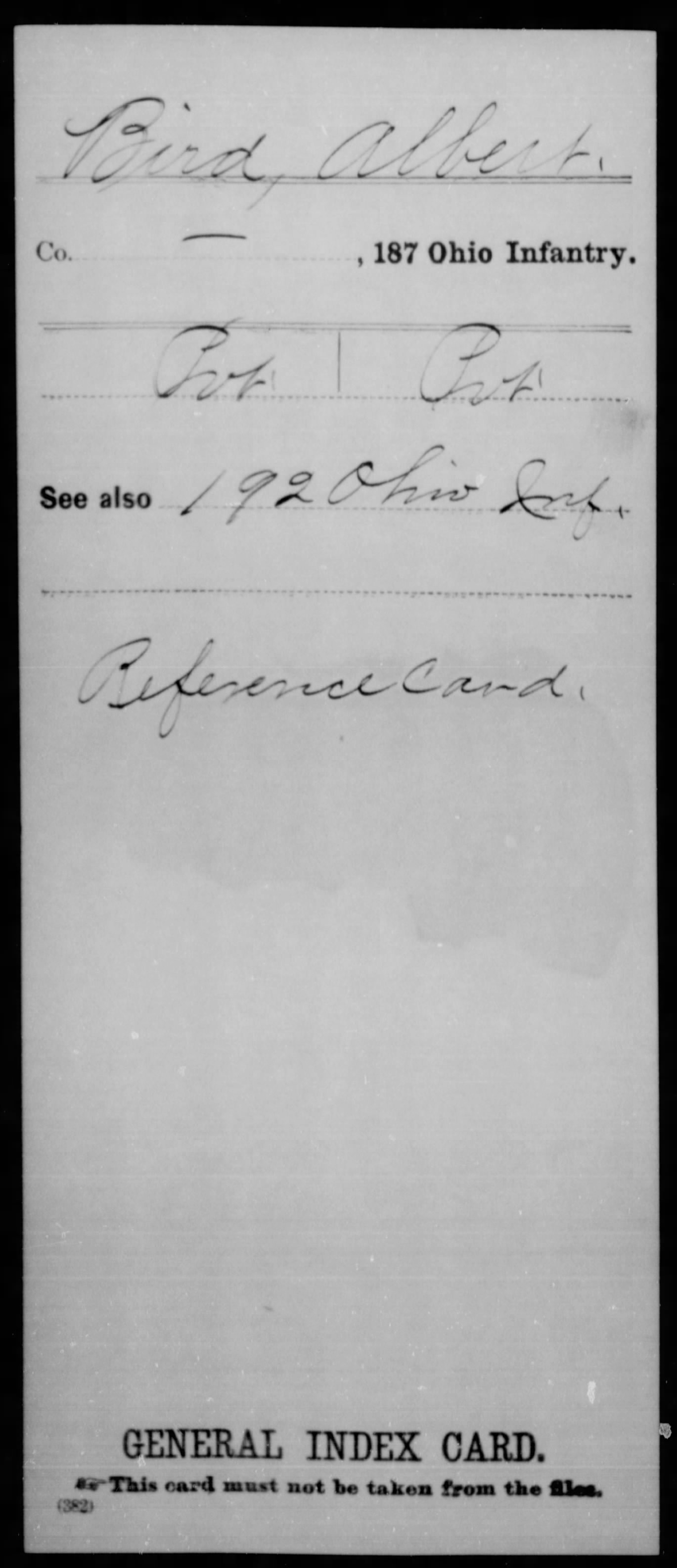 Service record index card for Albert Bird, 187th Infantry