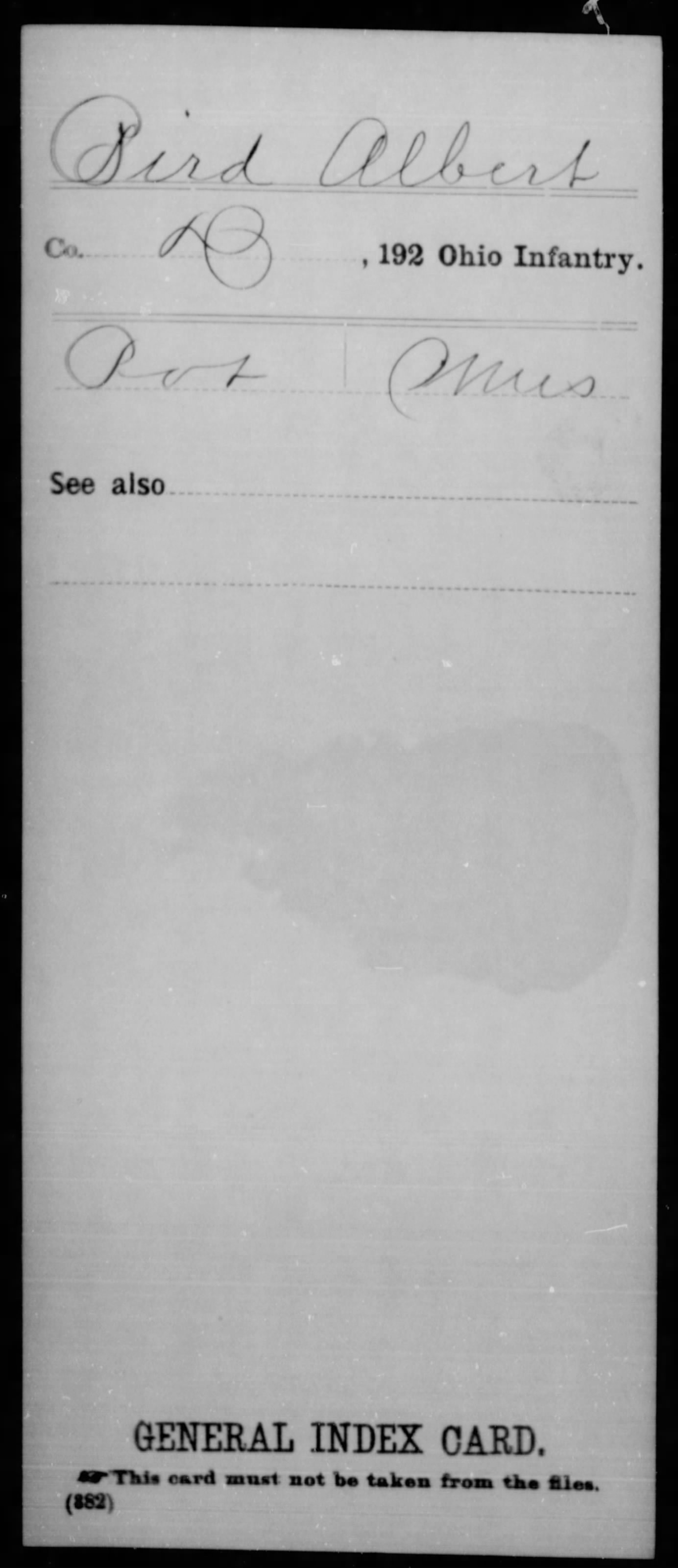 Service record index card for Albert Bird, 192nd Infantry