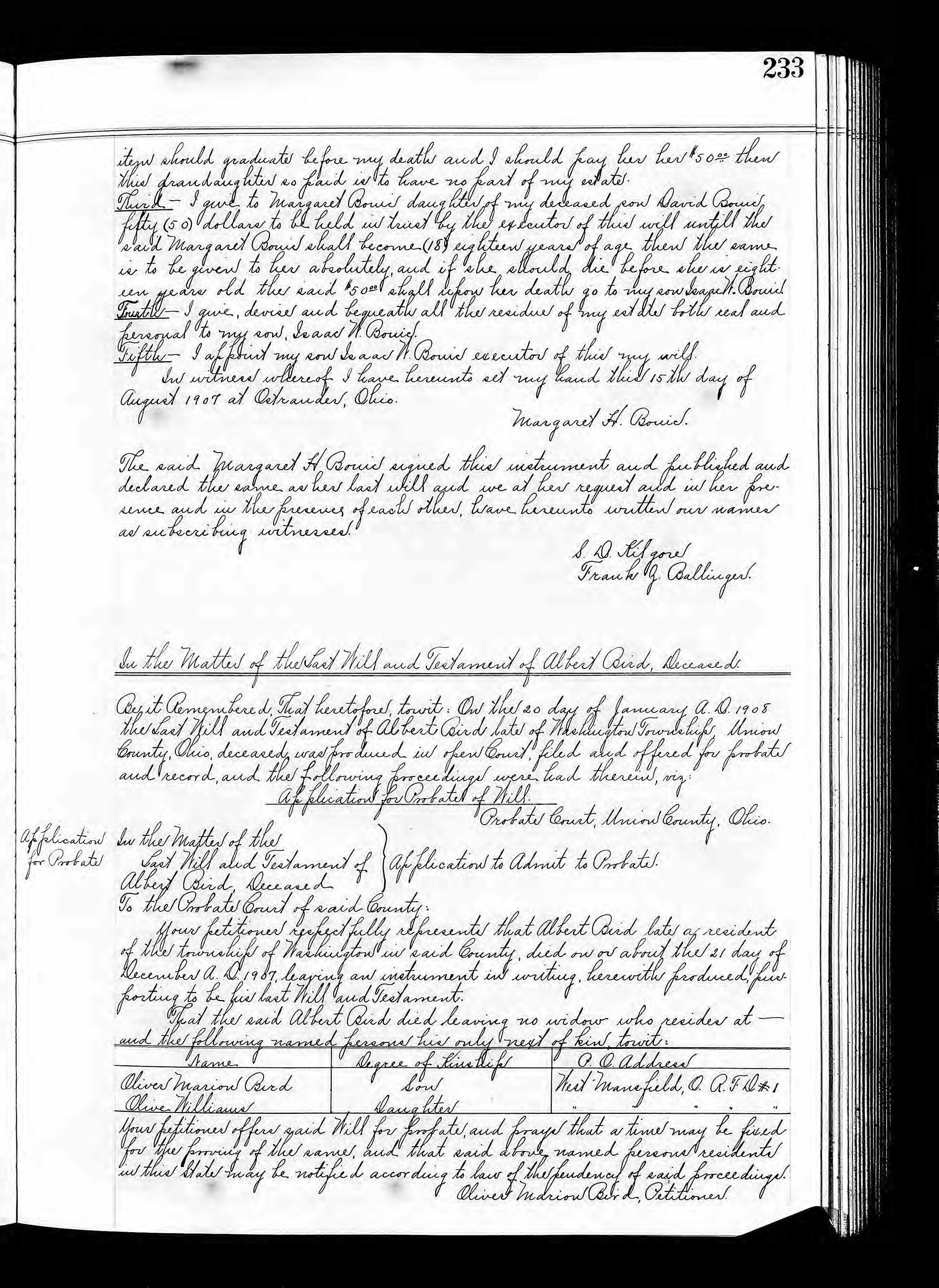 Page 1 of Albert Bird's probate records