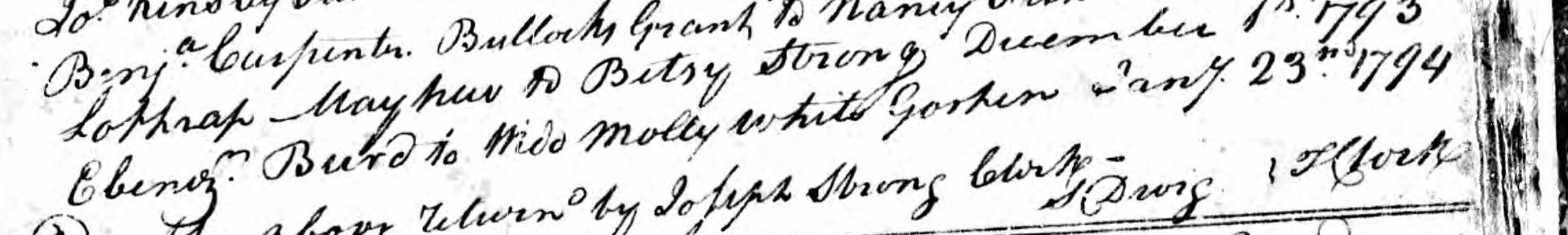 Marriage record of Ebenezer Bird and widow Molly White