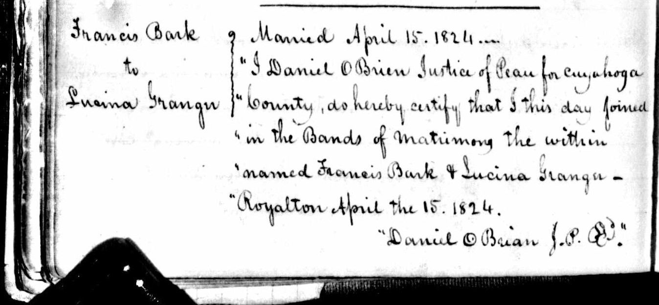 Marriage record of Francis Bark and Lucina Granger