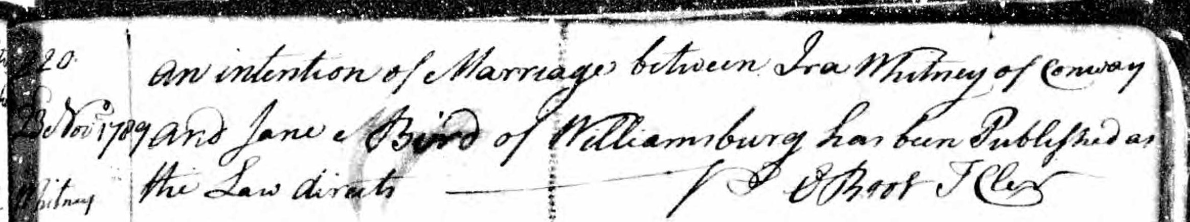 Marriage record of Ira Whitney and Jane Bird
