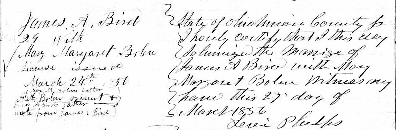 Marriage record of James A. Bird and Mary Margaret Bolen