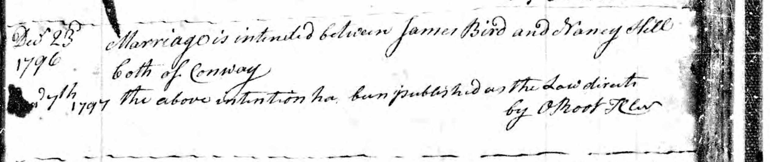 Marriage record of James Bird and Nancy Hill