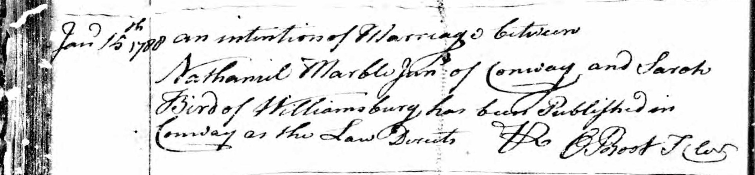 Marriage record of Nathaniel Marble Junior and Sarah Bird