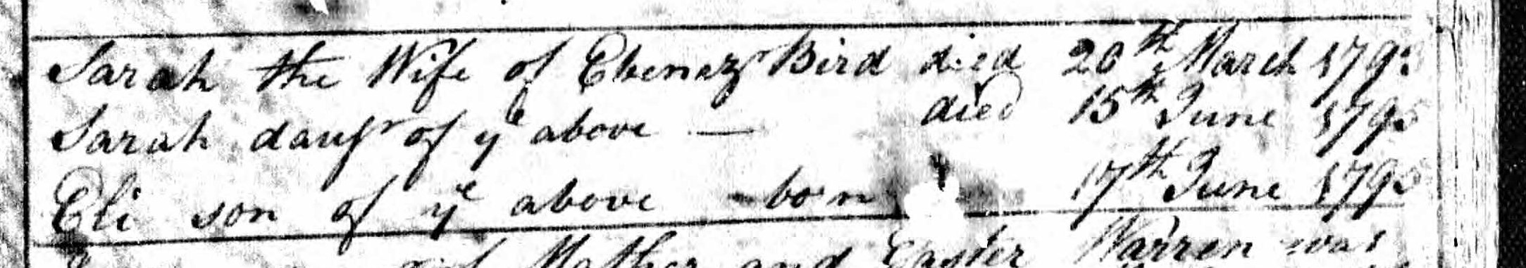 Death records of Sarah Bird, wife of Ebenezer Bird and Sarah Bird, daughter of Ebenezer Bird