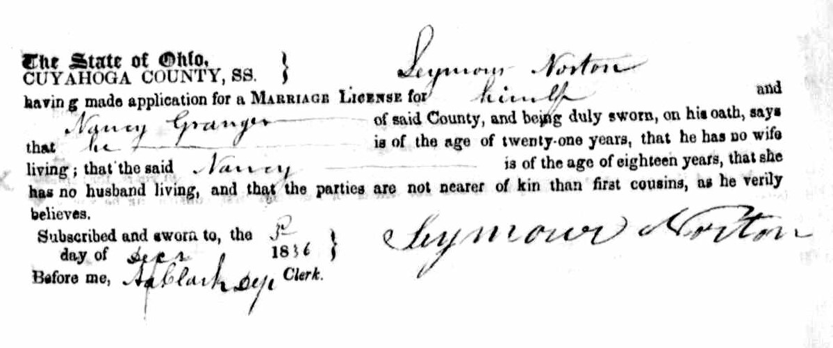 Marriage license of Seymour Norton and Nancy Granger