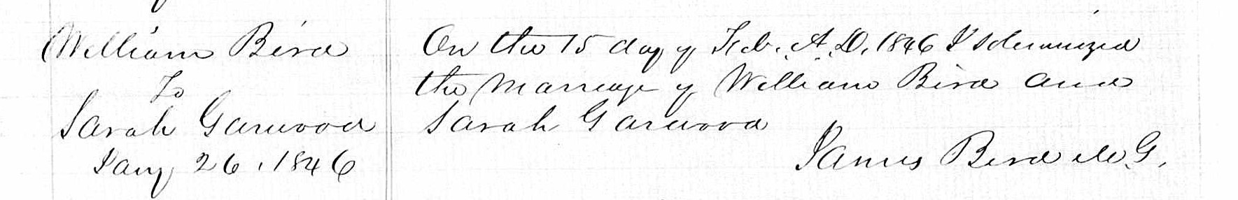 Marriage record of William Bird and Sarah Garwood