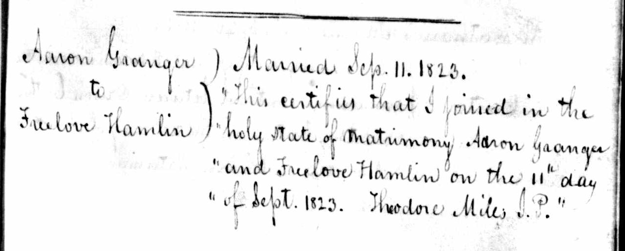 Marriage record of Aaron Granger and Freelove Hamlin