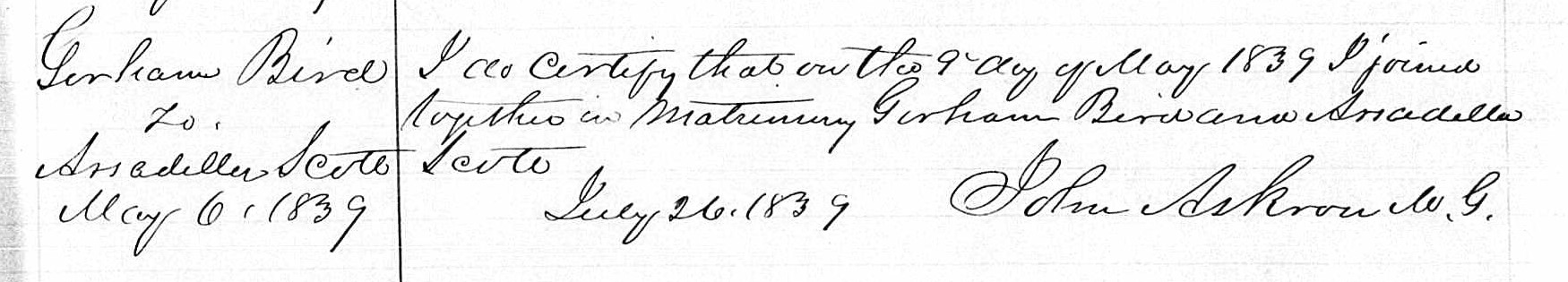 Marriage record of Gorham Bird and Arcadilla Scott