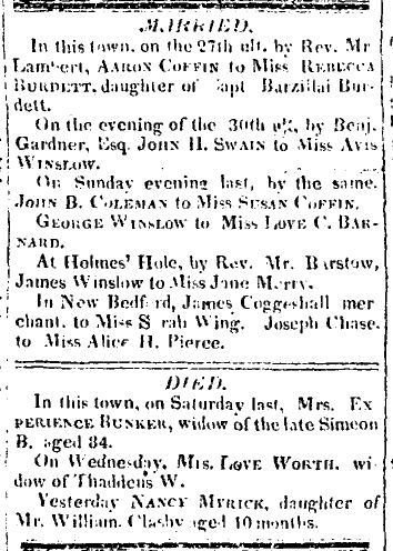 Article mentioning local deaths, including that of Mrs. Experience Bunker, widow of Simeon