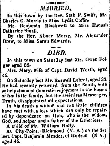 Article mentioning local deaths, including that of Capt. Benjamin Meader
