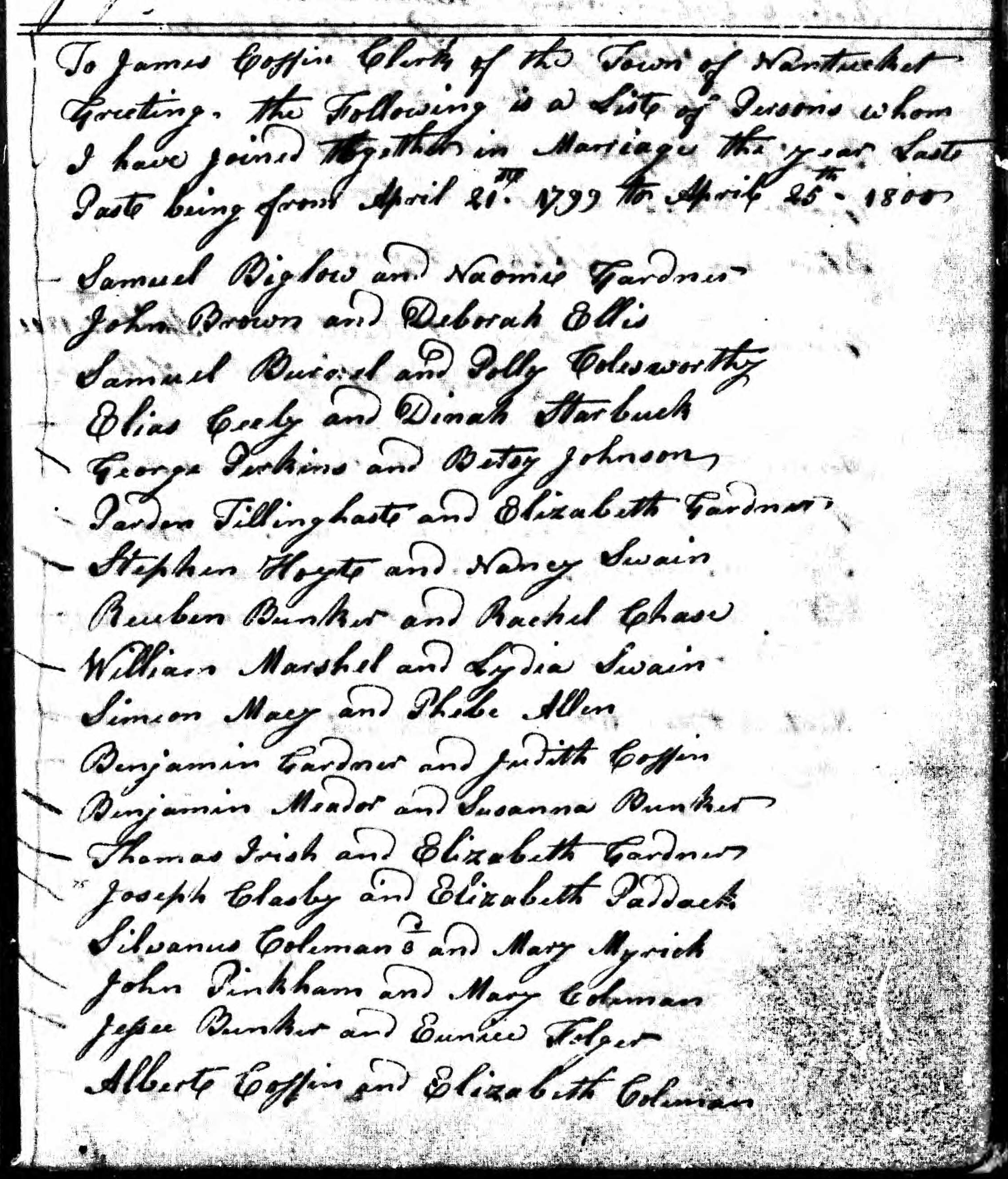 Marriage record of Benjamin Meader and Susanna Bunker