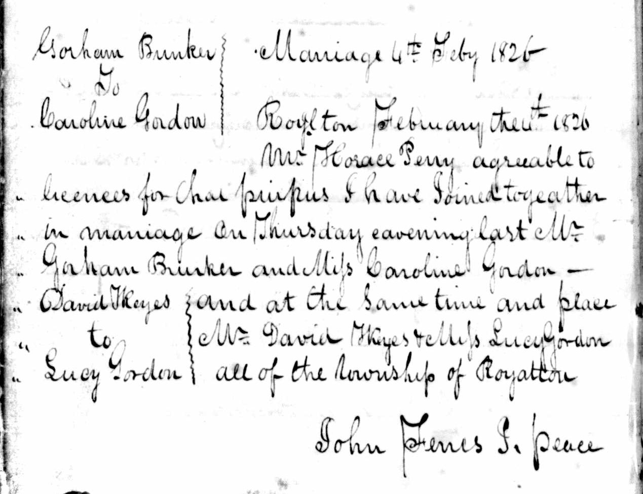 Marriage license of Gorham Bunker and Caroline Gordon