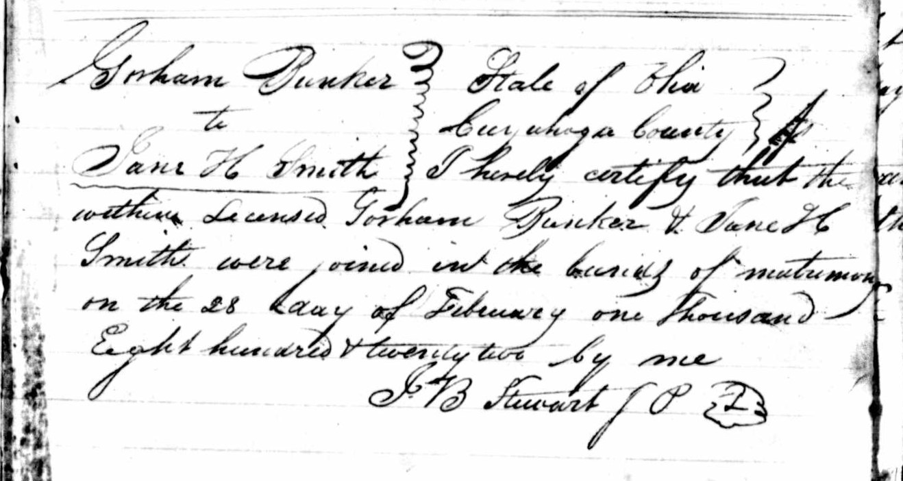 Marriage license of Gorham Bunker and Jane H. Smith