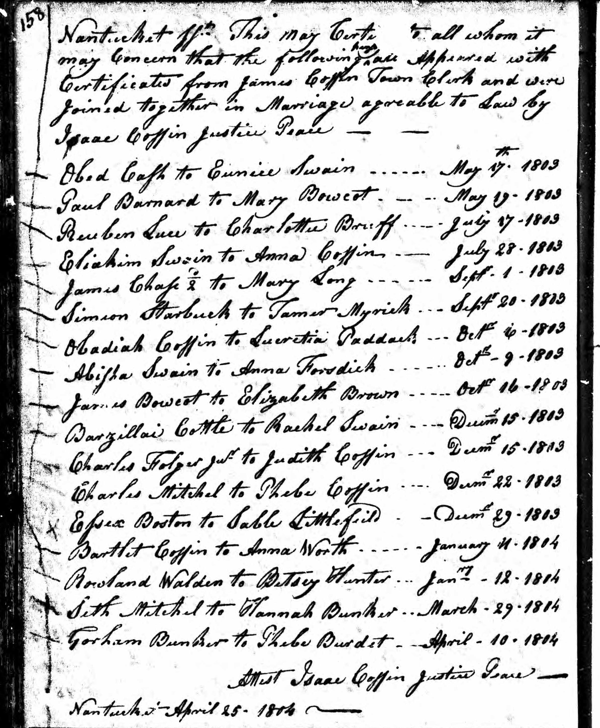 Marriage record of Gorham Bunker and Phebe Burdet