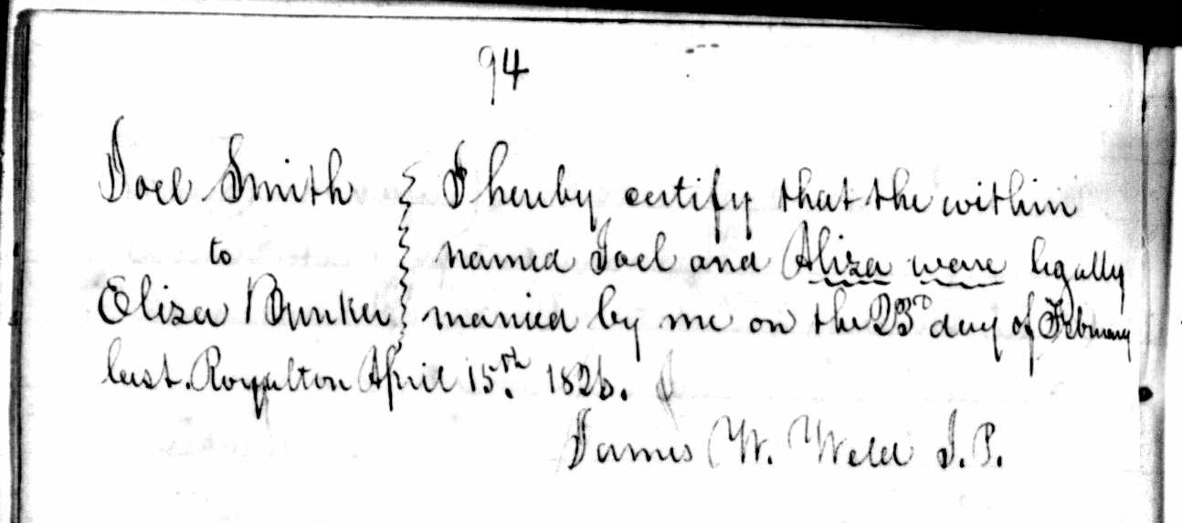 Marriage license of Joel Smith and Elisa Bunker