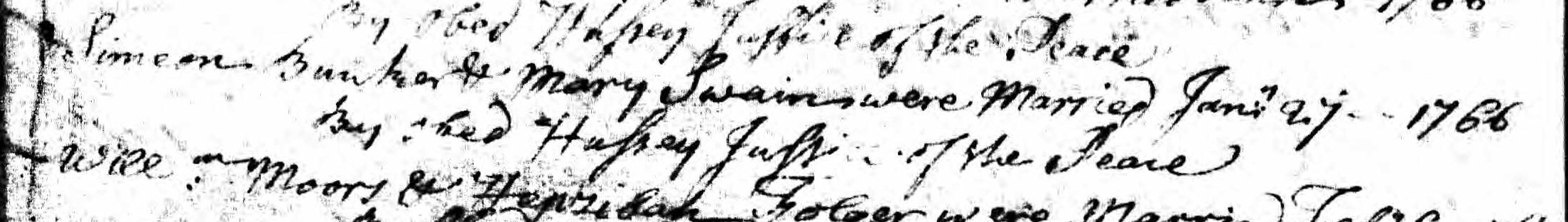 Marriage record of Simeon Bunker and Mary Swain