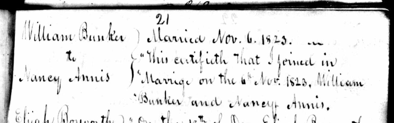 Marriage record of William Bunker and Nancy Annis