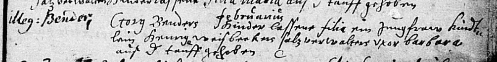 Baptismal record for the illegitimate daughter of a daughter of Georg Bender