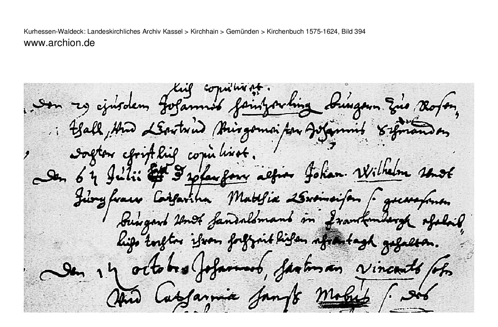 Marriage record of Johan Wilhelm and Catharina Greineisen
