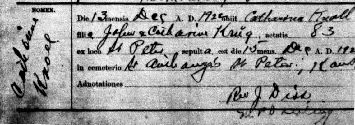 Burial record of Catherina (Krug) Knoll