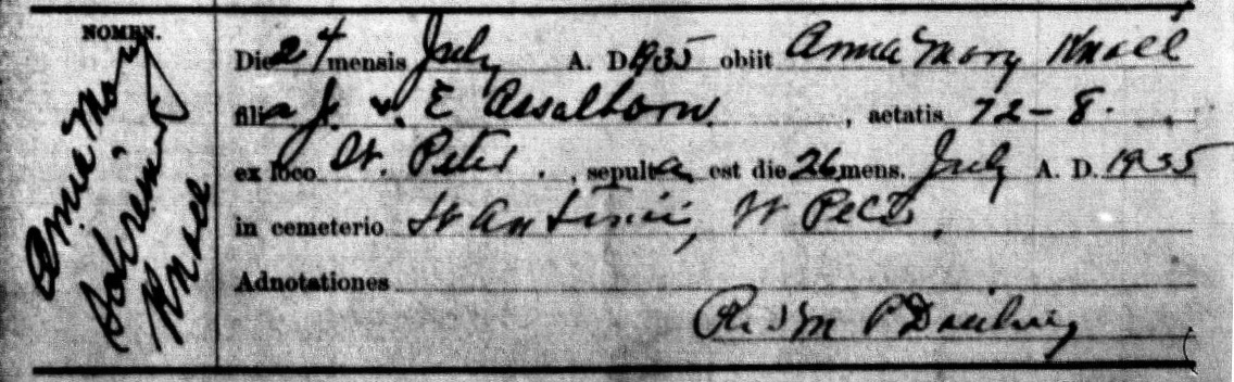 Death record of Anna Maria Asselborn Schreiner Knoll