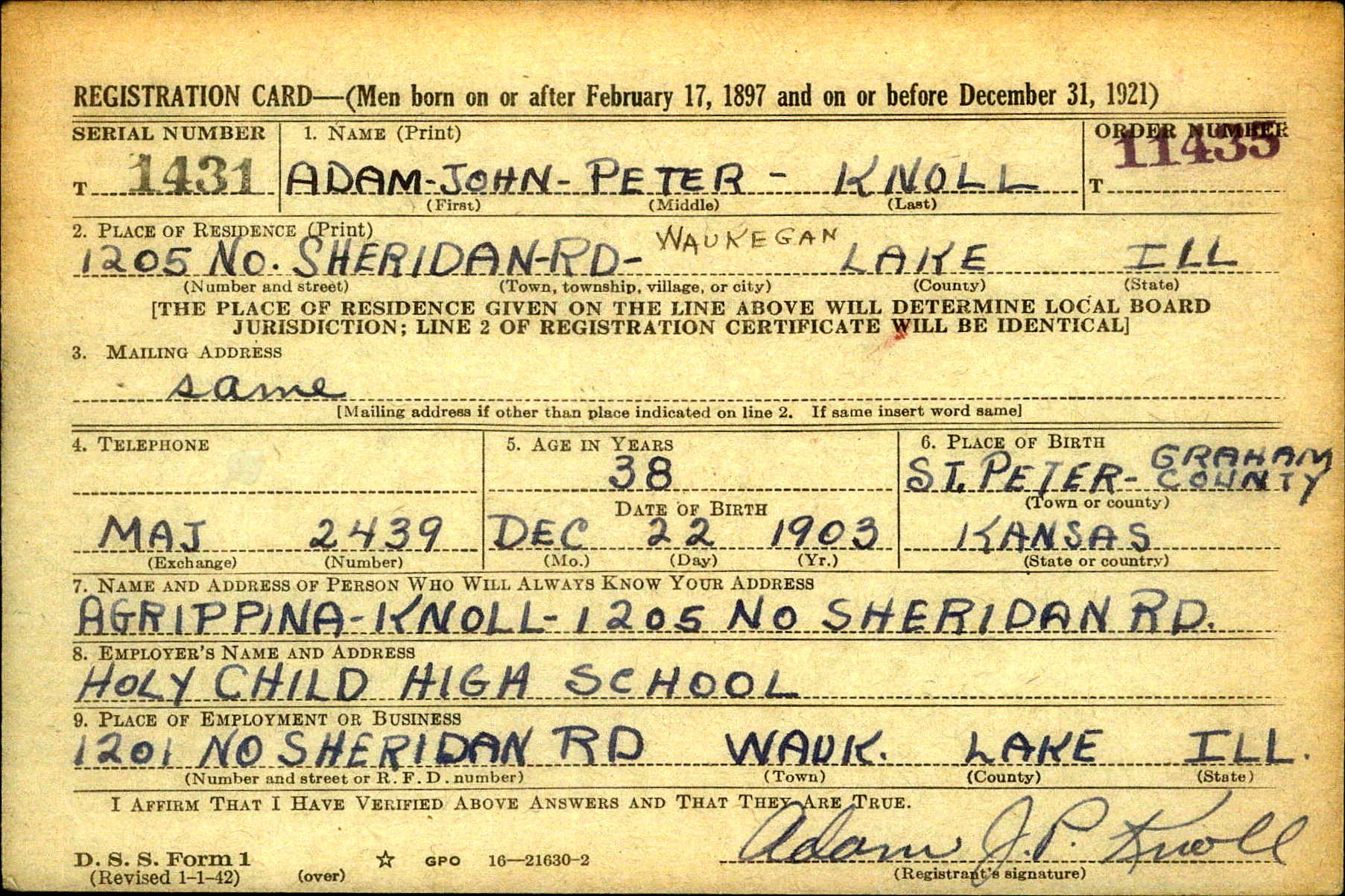 Draft registration card for Adam John Peter Knoll