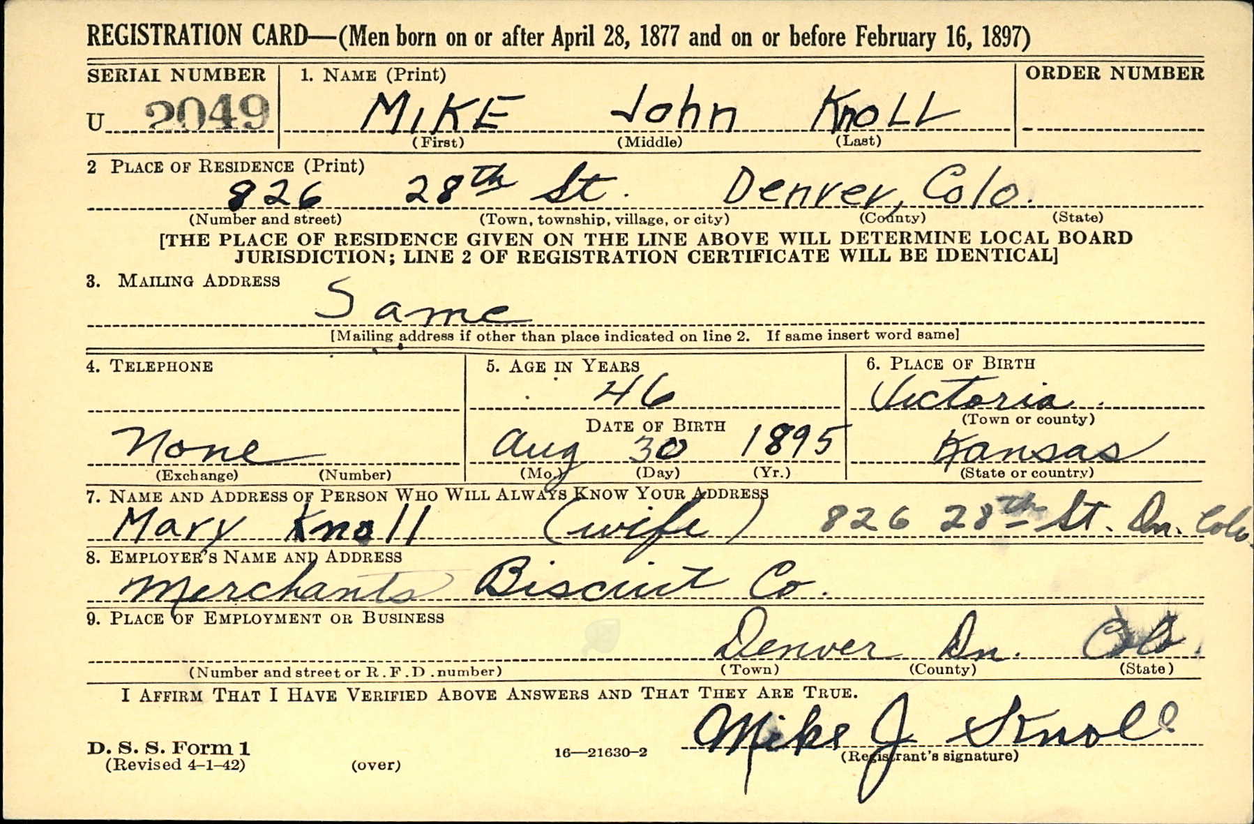 Draft registration card for Mike John Knoll