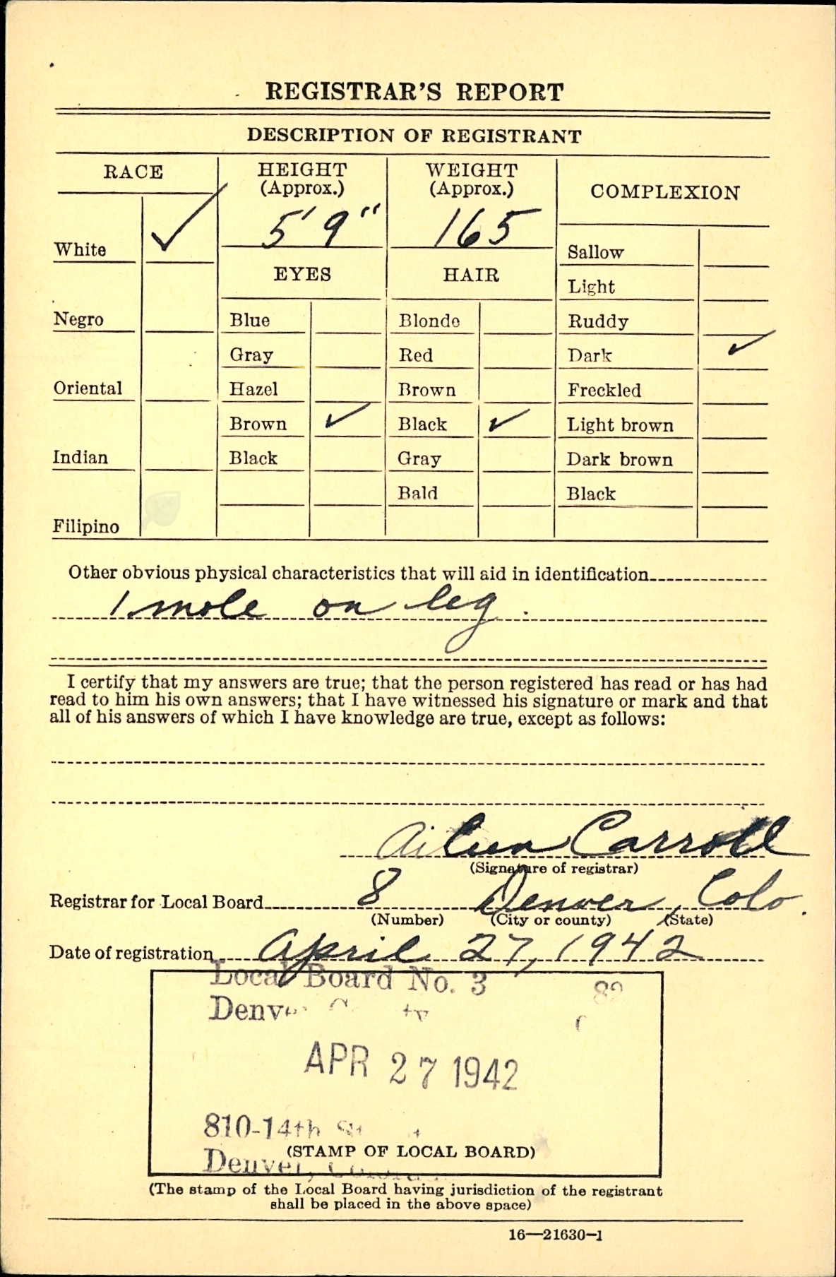 Draft registration card for Mike John Knoll, continued