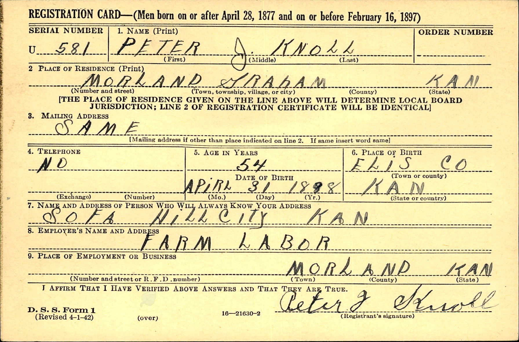 Draft registration card for Peter J. Knoll