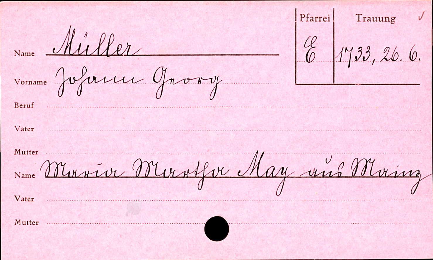 Marriage record of Johann Georg Mueller and Maria Martha May