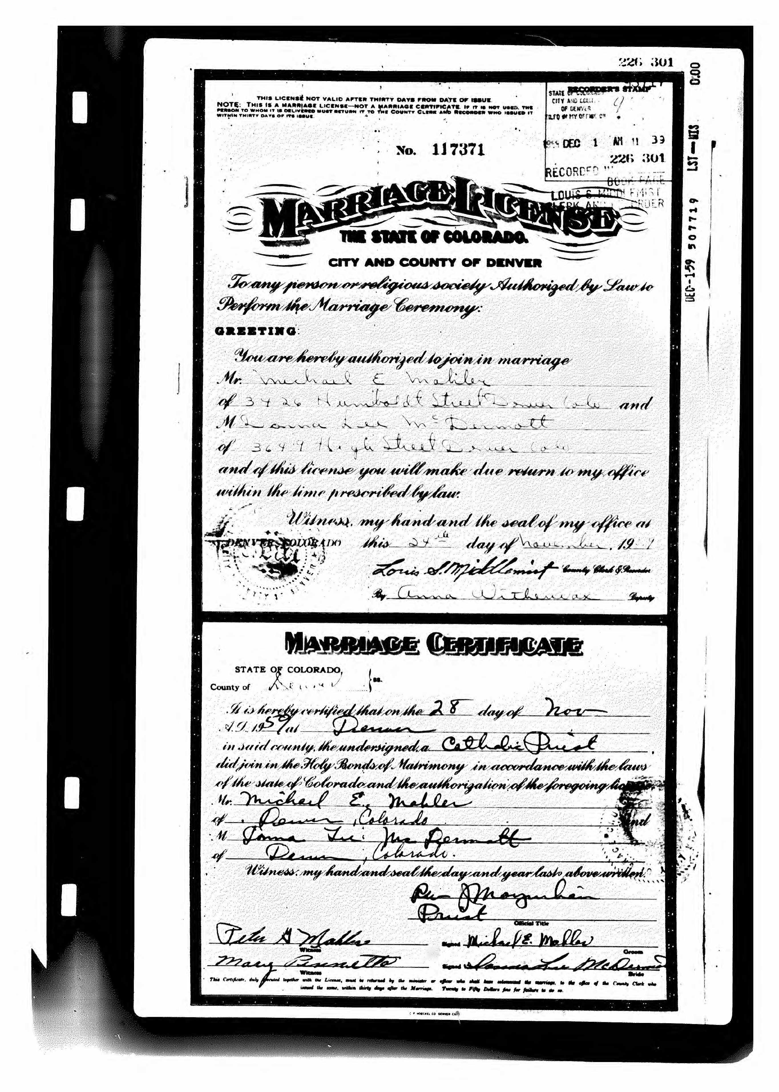 Marriage record of Michael E. Mahler and Donna Lee McDermott