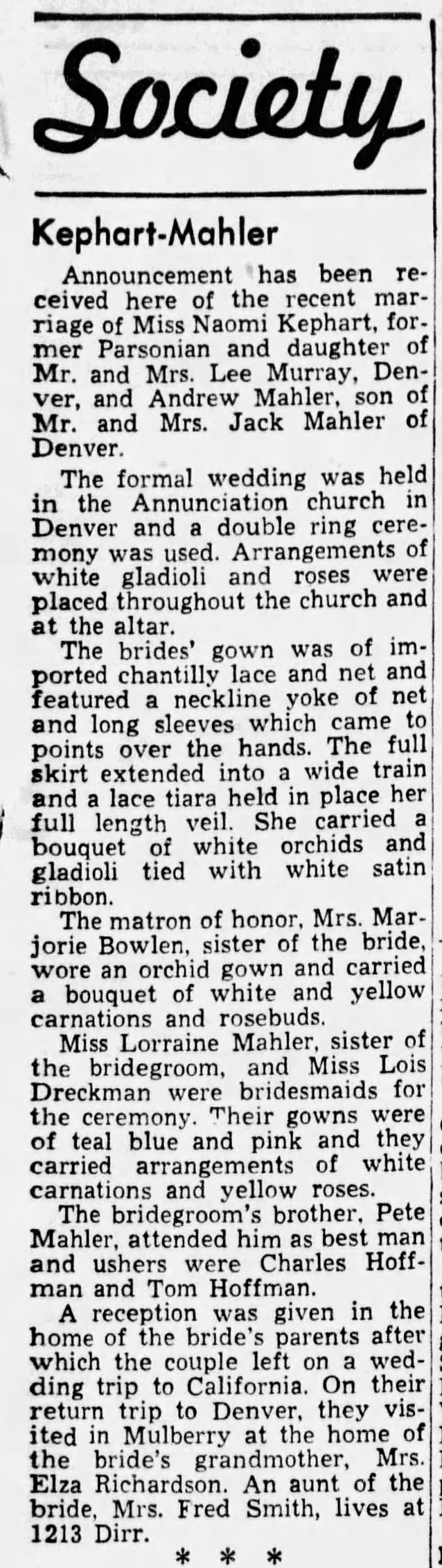 Article on the wedding of Andrew Mahler and Naomi Kephart