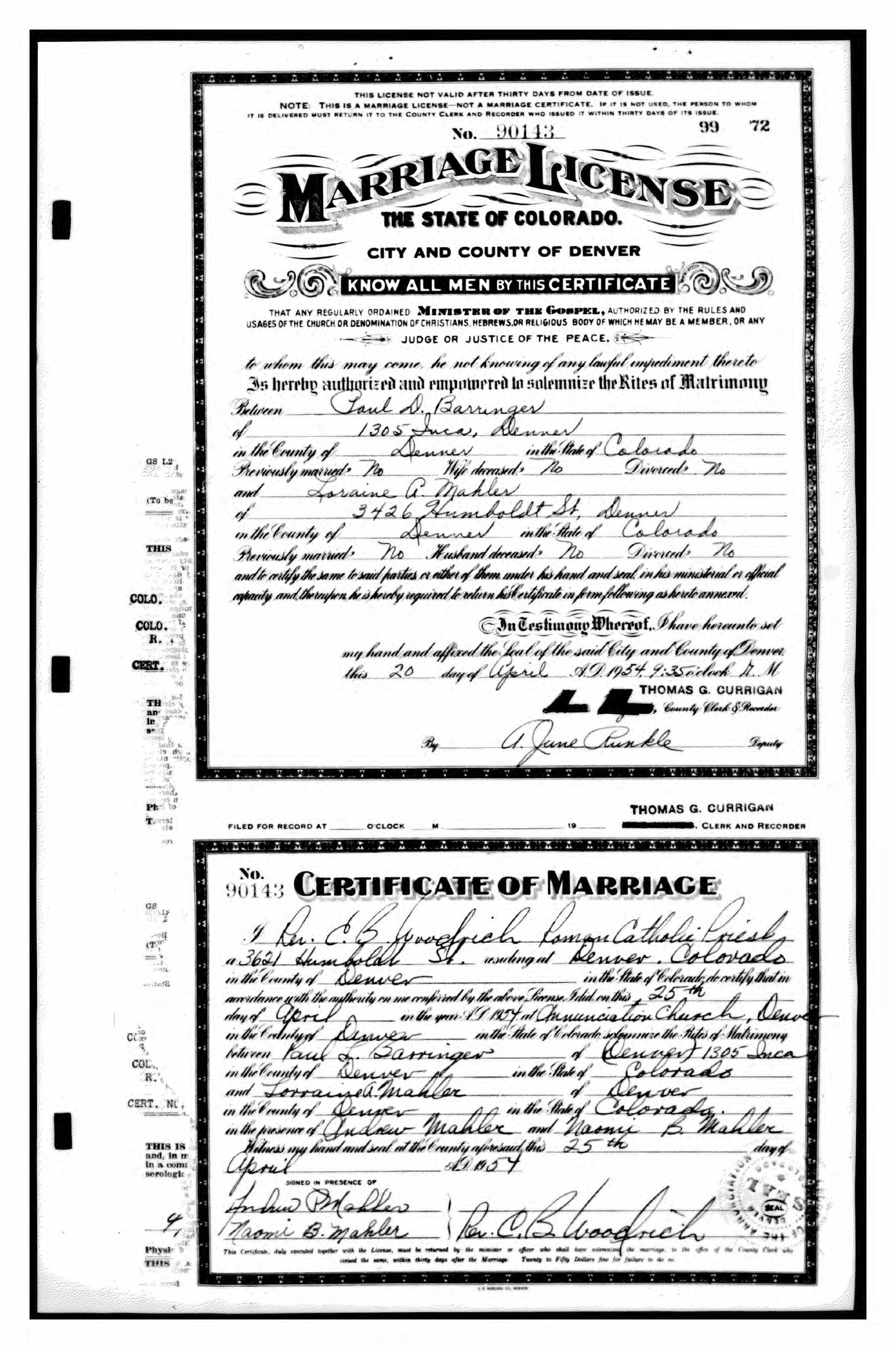 Marriage record of Paul D. Barringer and Loraine A. Mahler