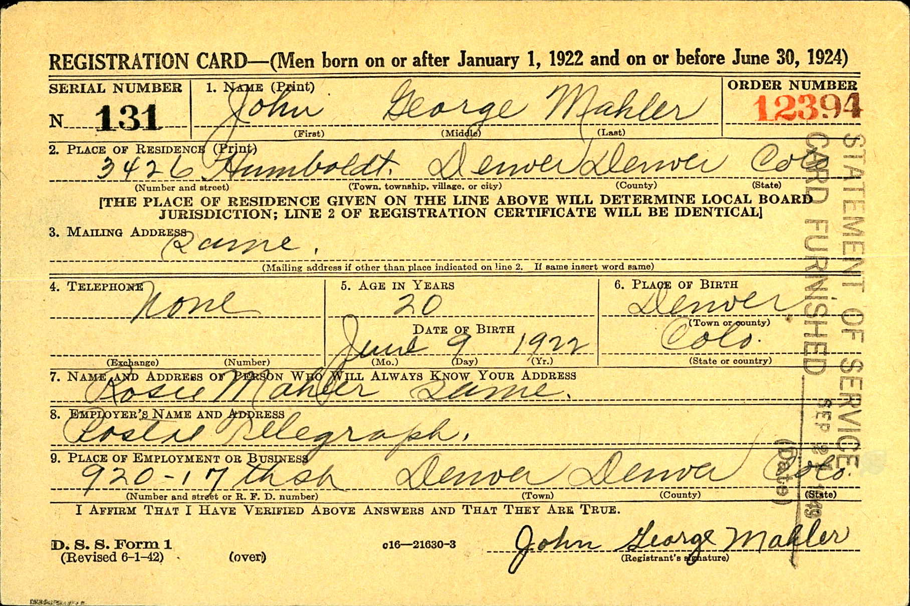 World War II draft card of John George Mahler, page 1