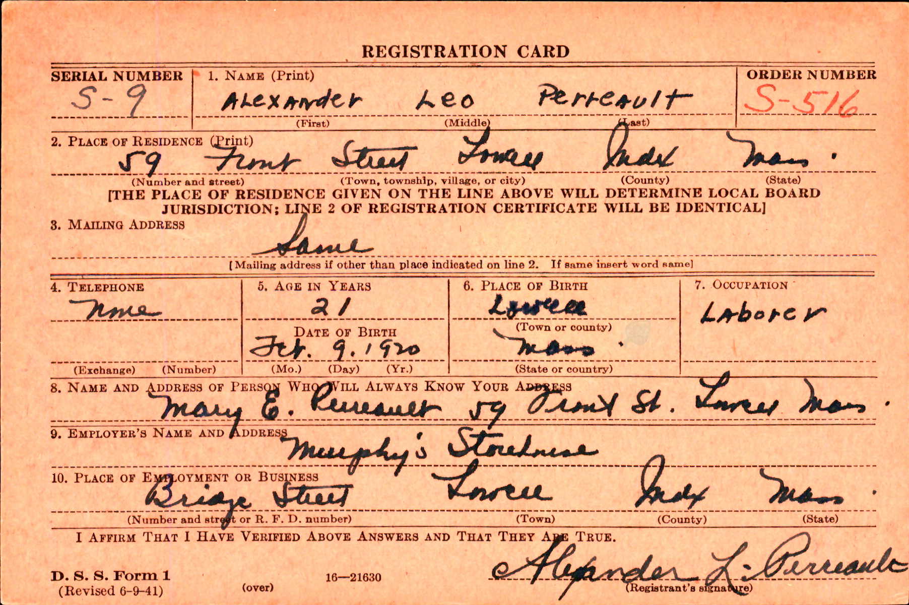 Draft card for Alexander Leo Perreault